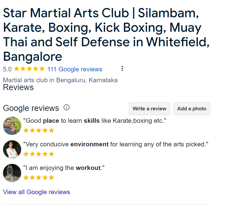 Star Martial Arts Club Google reviews